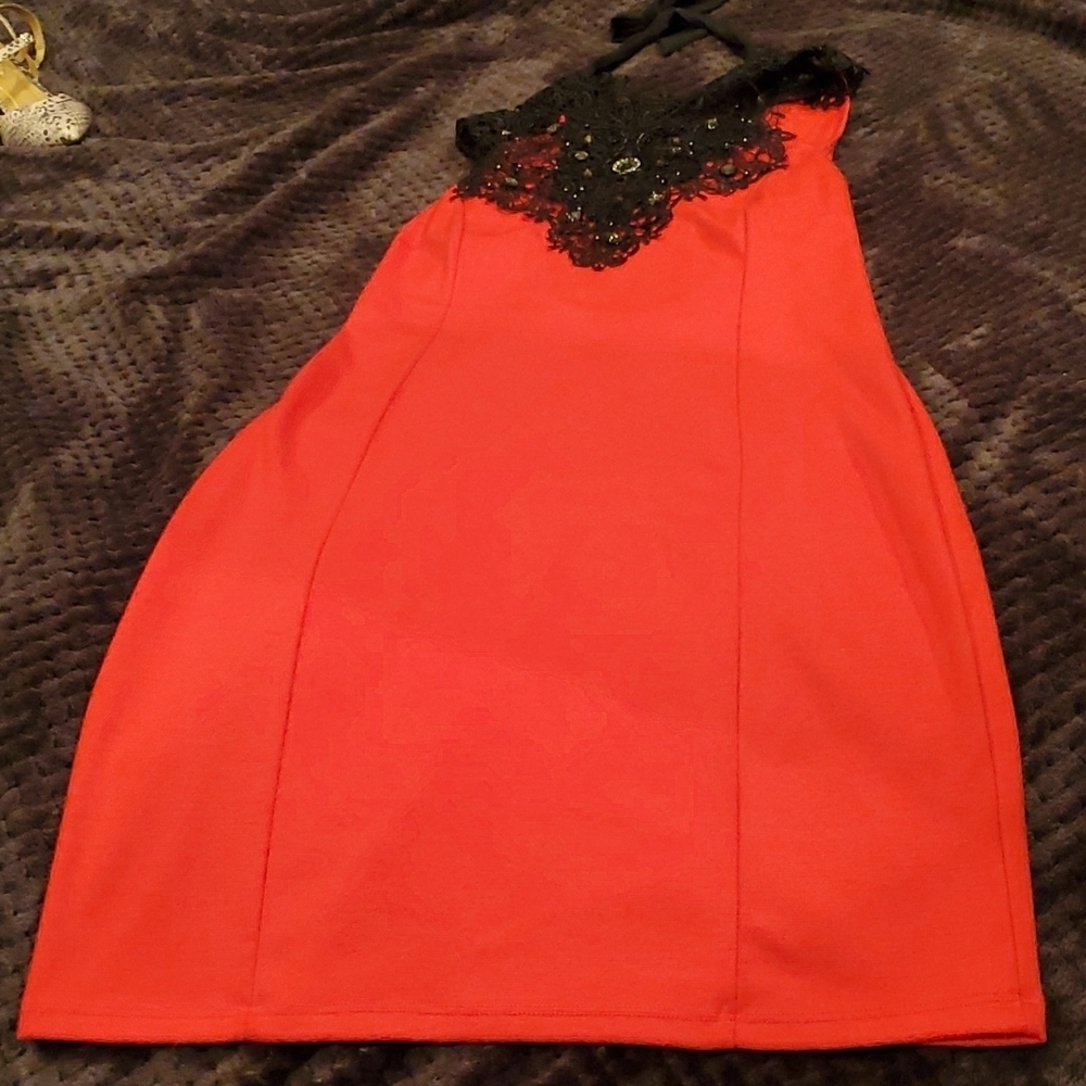 Arden B Above Knee Red with Black Lace & Gems/Beading at neck & décolletage. XL
